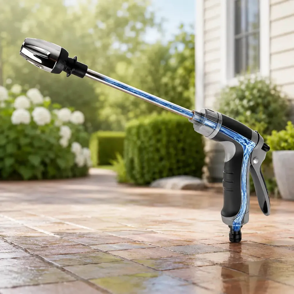Power Blast Plus high-pressure outdoor water nozzle attached to standard garden hose blasting dirty patio stones clean