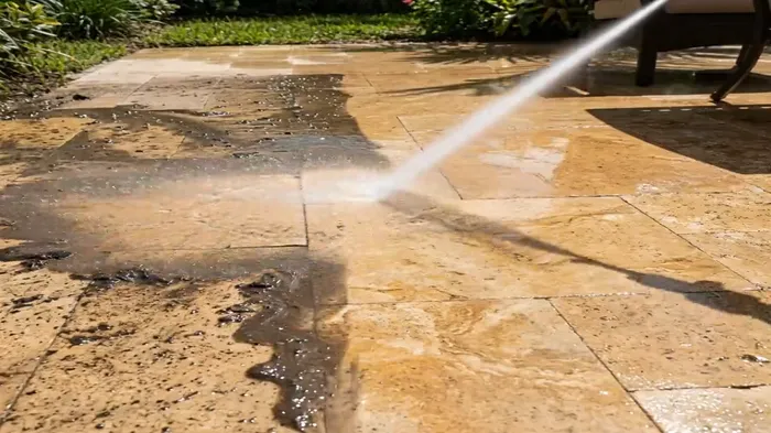 Step 2 select spray mode and aim Power Blast Plus stream at dirty outdoor patio surface
